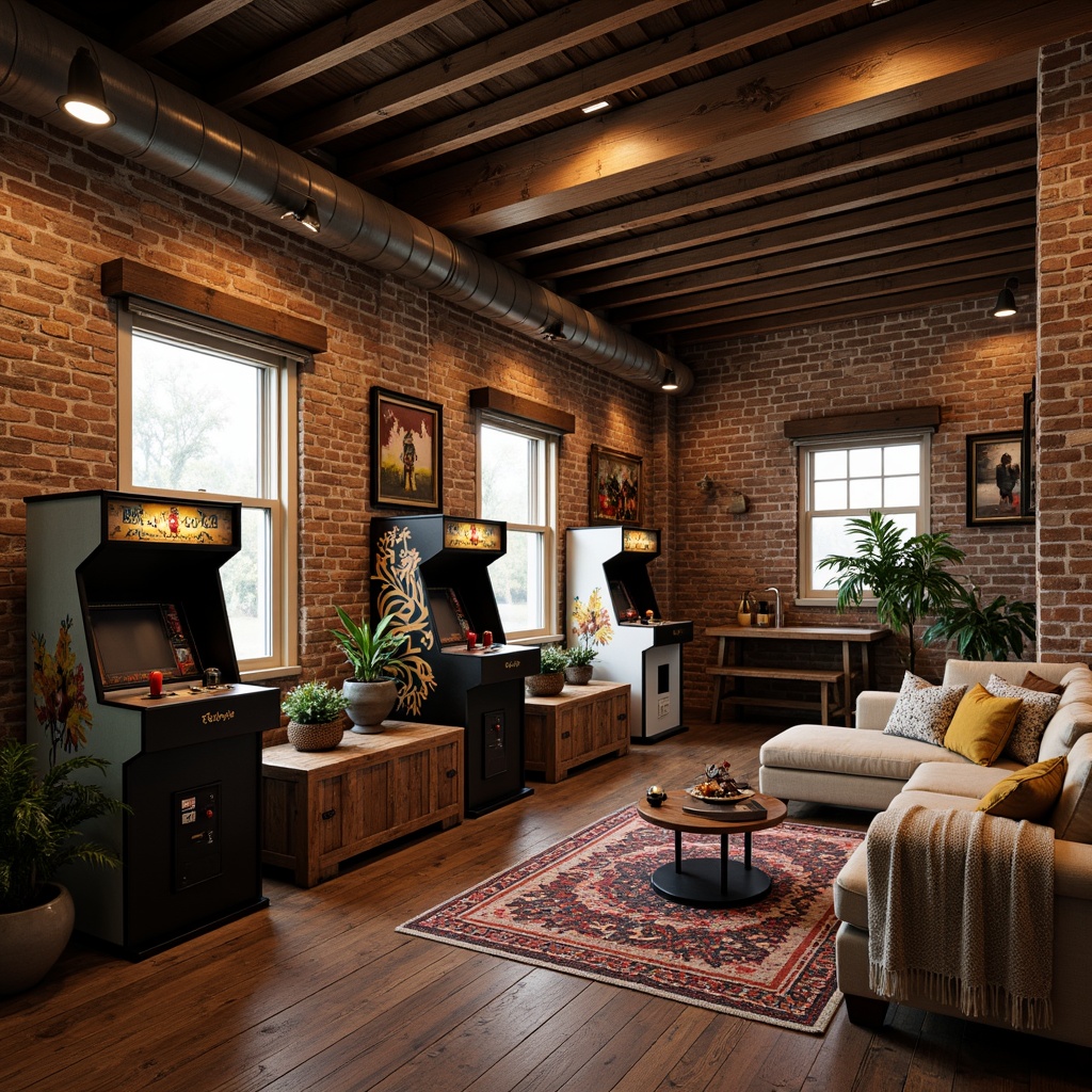 Prompt: Rustic game room, vintage arcade machines, distressed wooden floors, exposed brick walls, comfortable couches, chunky throw blankets, warm earthy tones, rich leathers, woven baskets, natural fabrics, soft velvets, plush carpets, bold graphic patterns, eclectic mix of textures, cozy atmosphere, warm ambient lighting, shallow depth of field, 1/1 composition, realistic materials, detailed normal maps.