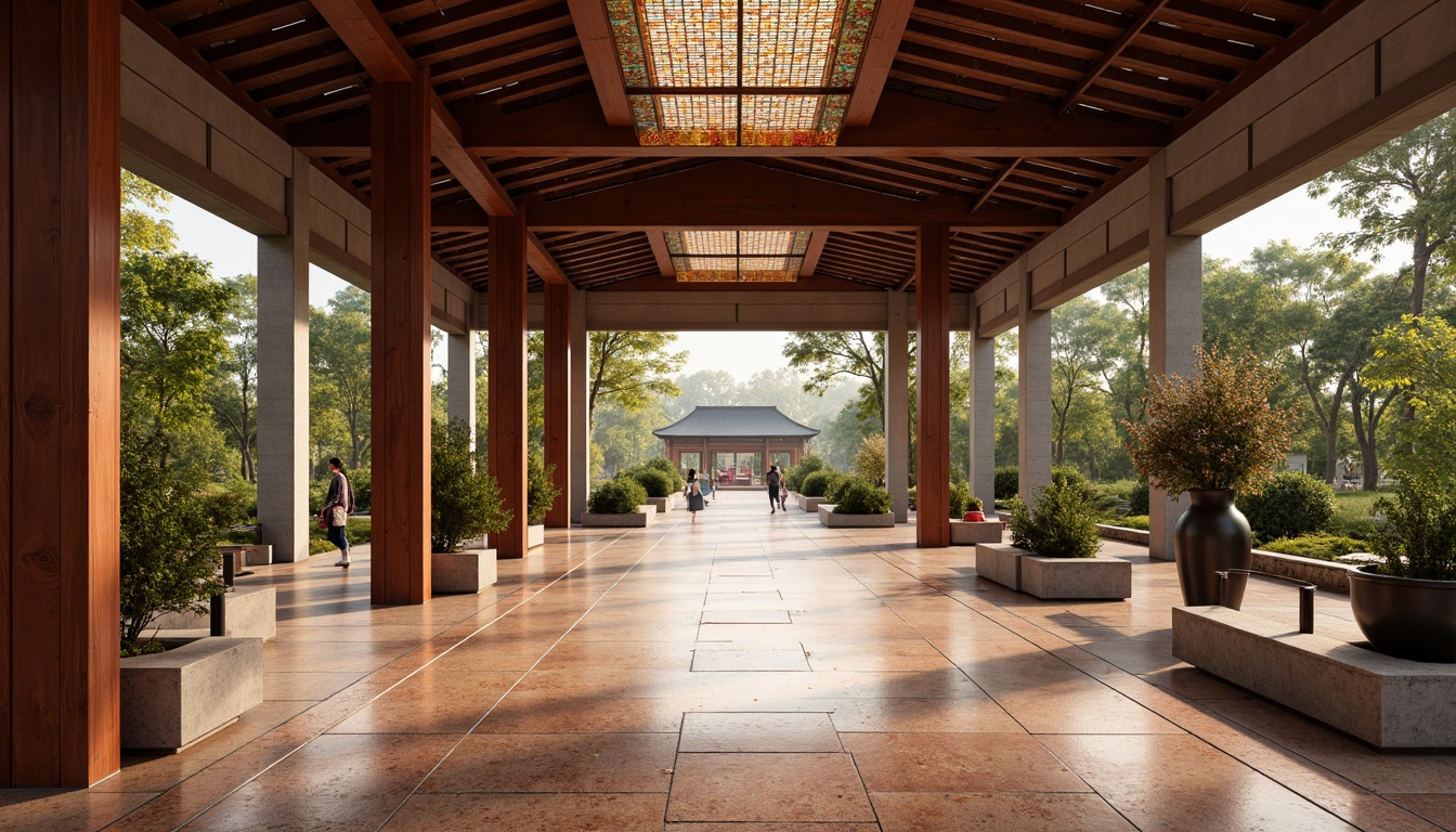 Prompt: Traditional Asian-inspired bus station, natural stone flooring, polished granite surfaces, warm terracotta tiles, rustic wood accents, minimalist design, sleek metal handrails, vibrant cultural patterns, intricate ceramic mosaics, soft warm lighting, shallow depth of field, 3/4 composition, panoramic view, realistic textures, ambient occlusion.