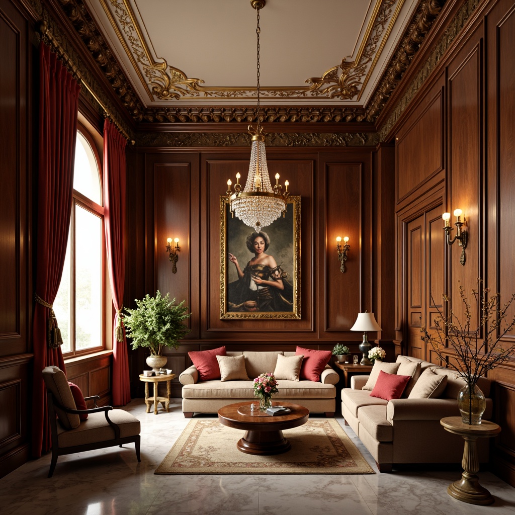 Prompt: Luxurious living room, rich wood paneling, ornate moldings, gilded accents, velvety soft furnishings, crystal chandeliers, marble floors, intricate carvings, Baroque-inspired patterns, warm golden lighting, shallow depth of field, 2/3 composition, realistic textures, ambient occlusion.