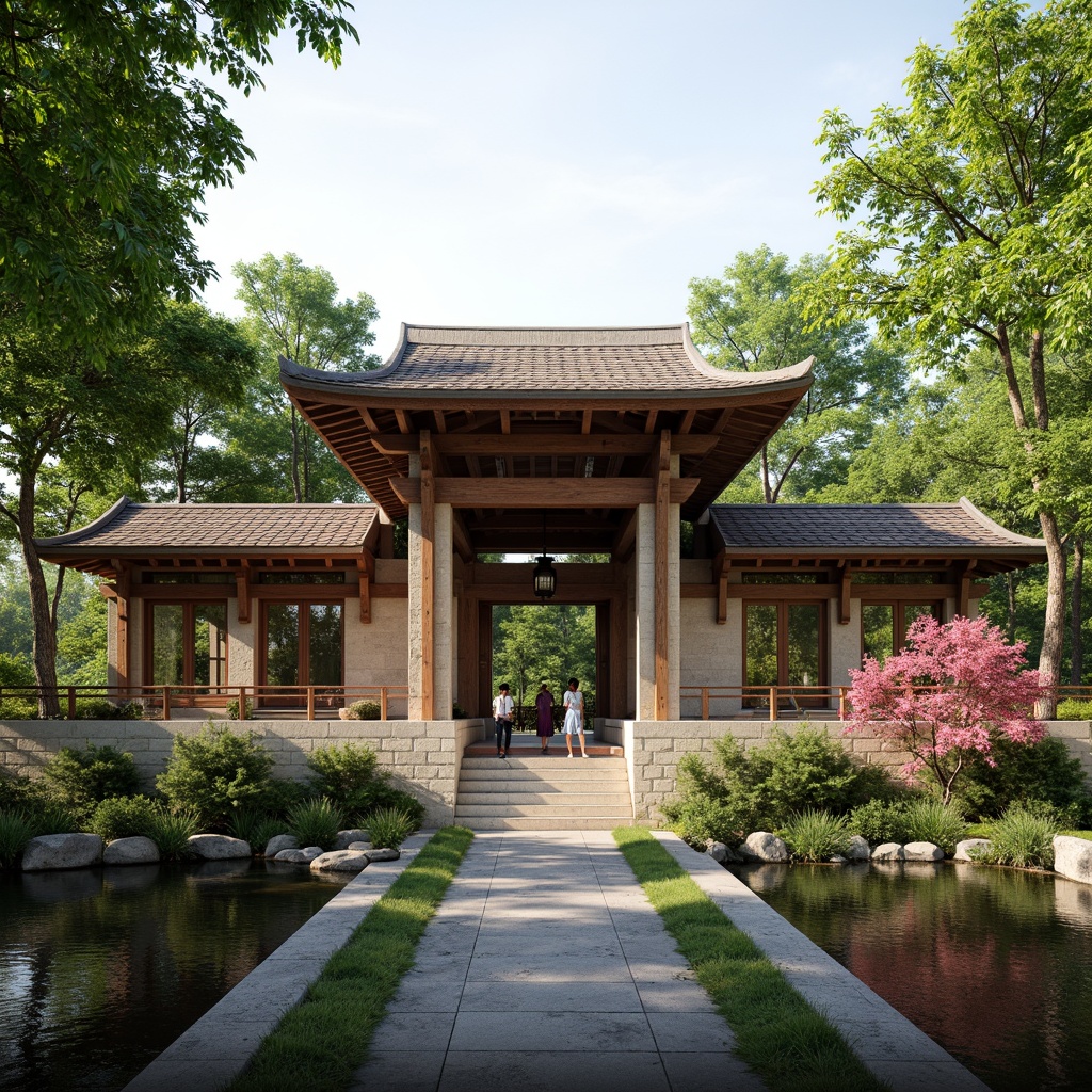 Prompt: Vibrant pavilion, lush greenery, natural stone walls, intricately carved wooden accents, traditional Asian-inspired rooflines, majestic entrance gates, serene water features, koi ponds, peaceful walking paths, bamboo forests, blooming cherry blossoms, warm soft lighting, shallow depth of field, 1/1 composition, panoramic view, realistic textures, ambient occlusion.