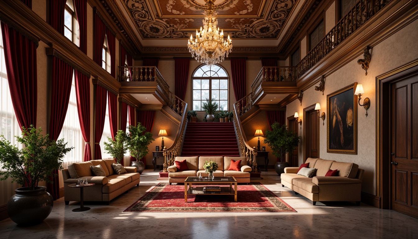 Prompt: Luxurious mansion, opulent furnishings, intricate carvings, ornate moldings, velvet drapes, crystal chandeliers, marble floors, gilded accents, lavish textiles, regal color palette, rich wood tones, grand staircase, sweeping archways, majestic columns, dramatic ceiling height, warm ambient lighting, soft focus, shallow depth of field, 2/3 composition, romantic atmosphere, realistic reflections.