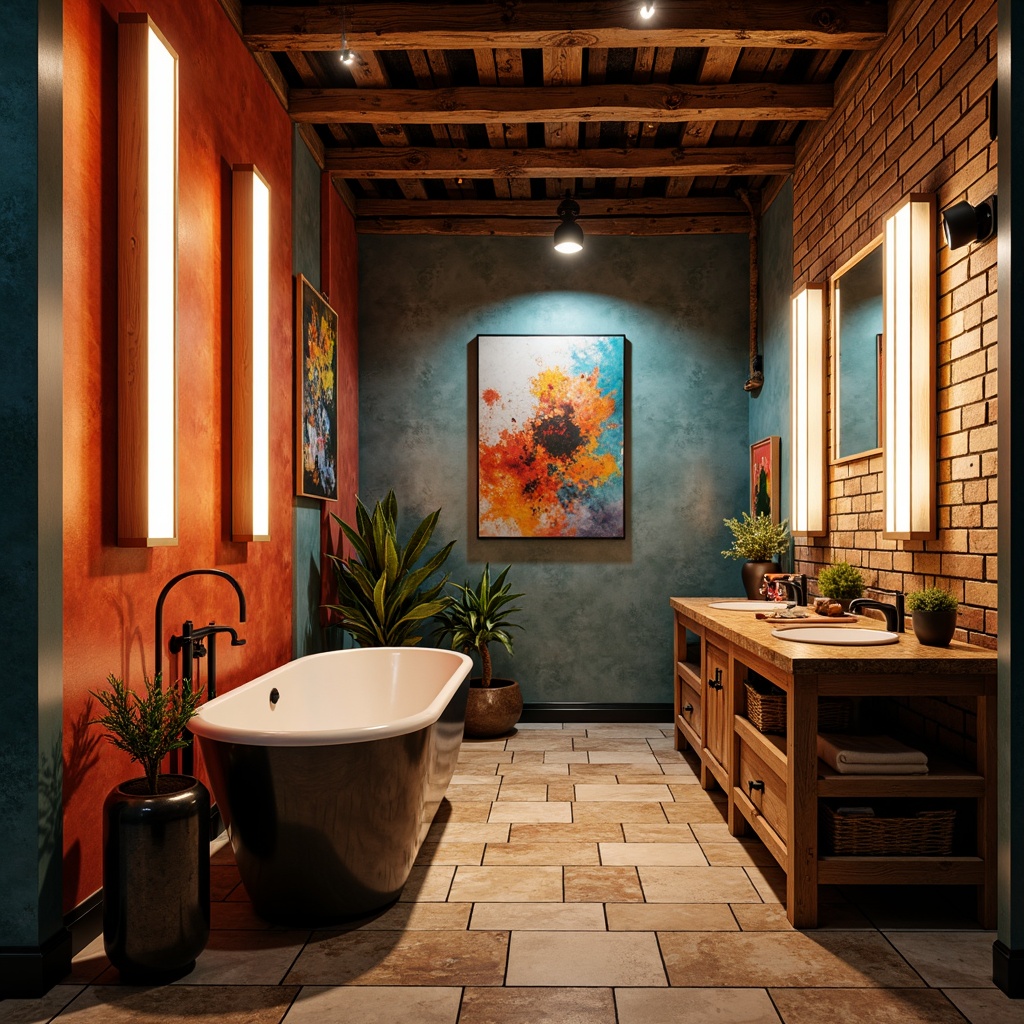 Prompt: Vibrant eclectic bathroom, bold color palette, mixed metallic accents, reclaimed wood vanity, industrial-style lighting fixtures, exposed brick walls, modern freestanding tub, natural stone flooring, LED strip lights, warm ambient glow, softbox diffused light, dramatic spotlights, layered lighting design, high-contrast shadows, 1/1 composition, realistic textures, detailed reflections.