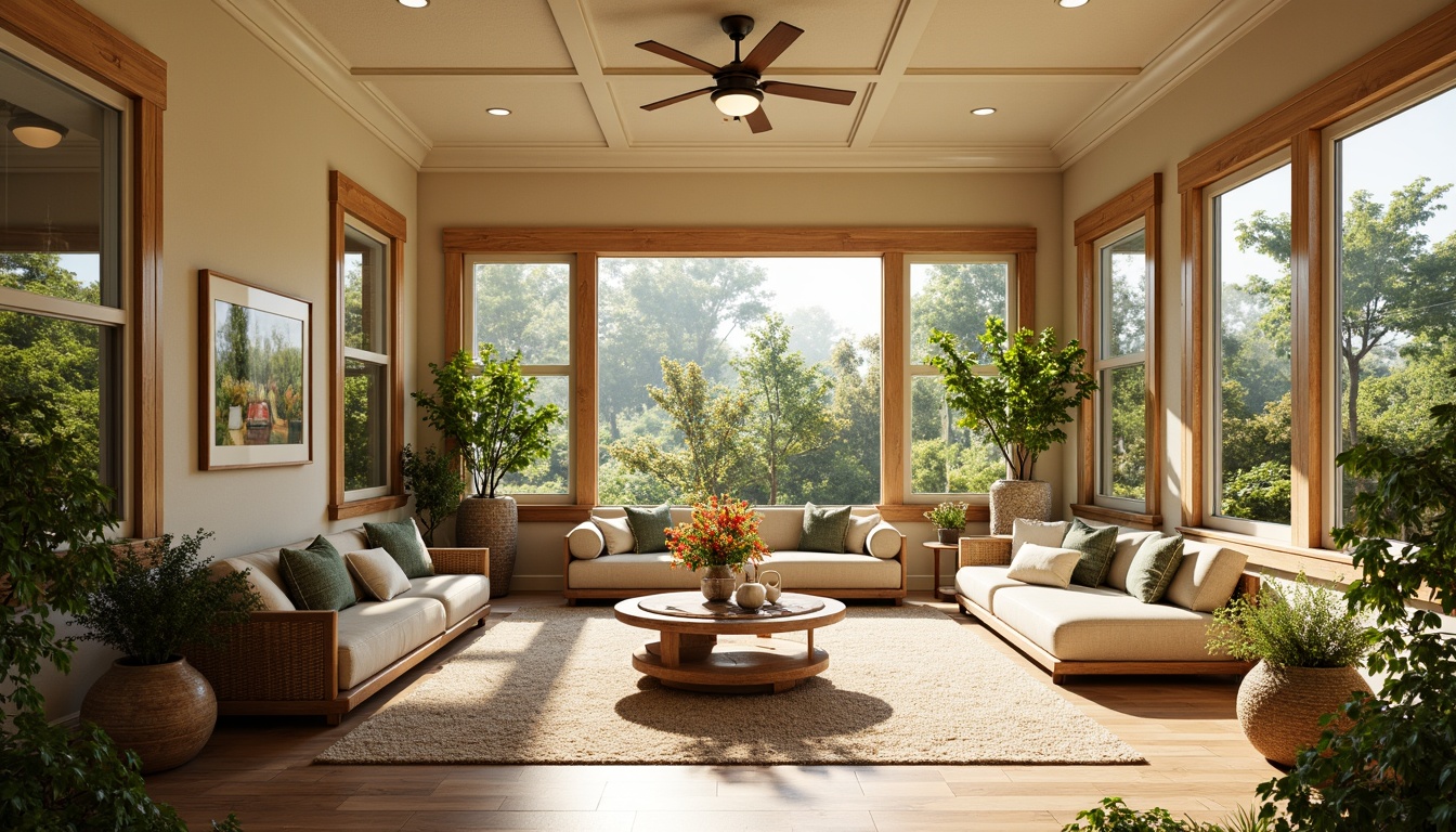 Prompt: Vibrant sunroom, natural light, warm beige walls, creamy white trim, rich wood accents, lush greenery, blooming flowers, sunny day, soft warm lighting, large windows, sliding glass doors, comfortable seating areas, woven textiles, organic shapes, earthy tones, calming atmosphere, serene ambiance.