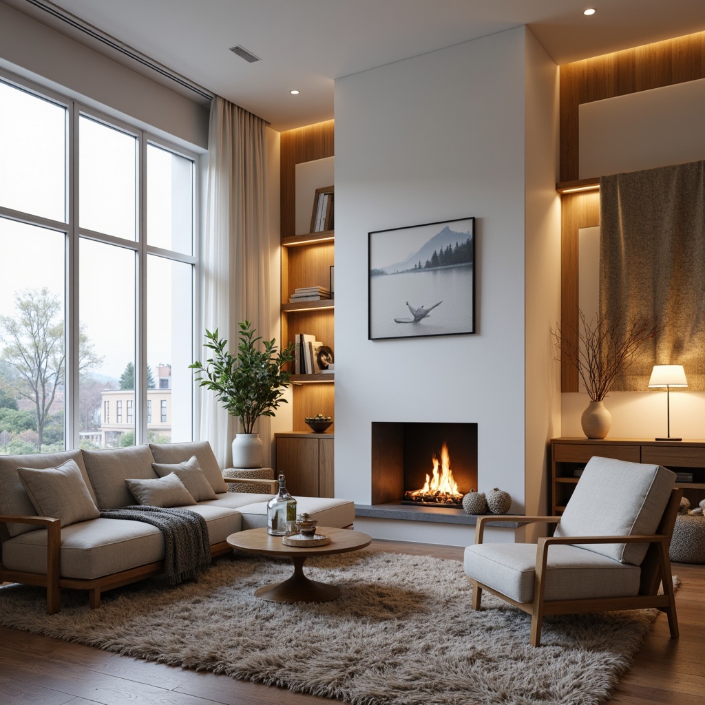 Prompt: Cozy Nordic living room, soft warm lighting, natural wood accents, minimalist decor, creamy whites, calming blues, earthy tones, textured rugs, plush throw blankets, wooden furniture, candlelight ambiance, floor-to-ceiling windows, sheer curtains, organic shapes, simple lines, functional design, ambient illumination, 1/1 composition, realistic textures, subtle color palette.