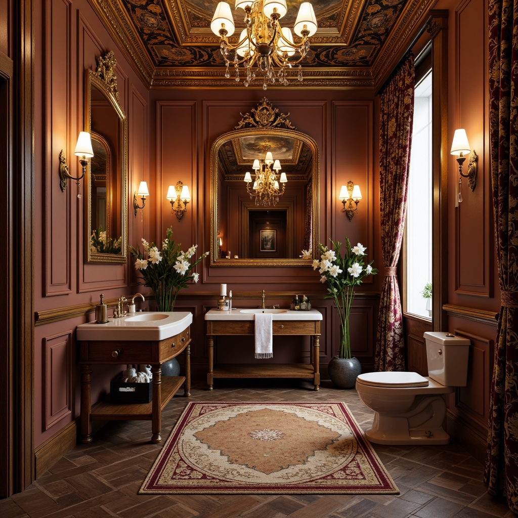 Prompt: Opulent powder room, lavish furnishings, intricate wooden paneling, gilded mirrors, ornate chandeliers, velvet drapes, rich tapestries, gold-embroidered fabrics, luxurious silk textiles, baroque-inspired patterns, scalloped edges, curved lines, soft warm lighting, shallow depth of field, 1/1 composition, realistic textures, ambient occlusion.