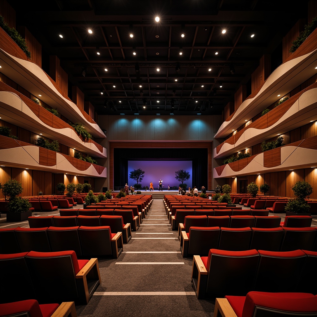 Prompt: Tiered seating, curved rows, comfortable chairs, ample legroom, vibrant upholstery, rich wood accents, sleek metal frames, optimal sightlines, unobstructed views, central performance stage, dramatic lighting design, soft warm glow, atmospheric ambiance, subtle color scheme, acoustic considerations, sound-absorbing materials, audience engagement, intimate setting, panoramic views, 1/2 composition, shallow depth of field, realistic textures.