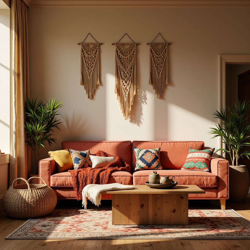 Prompt: Cozy living room, plush velvet sofa, soft cushions, warm beige walls, natural wood flooring, woven baskets, macrame wall hangings, Moroccan-inspired tiles, vibrant colorful throw pillows, intricate geometric patterns, soft golden lighting, 1/1 composition, shallow depth of field, realistic textures, ambient occlusion.