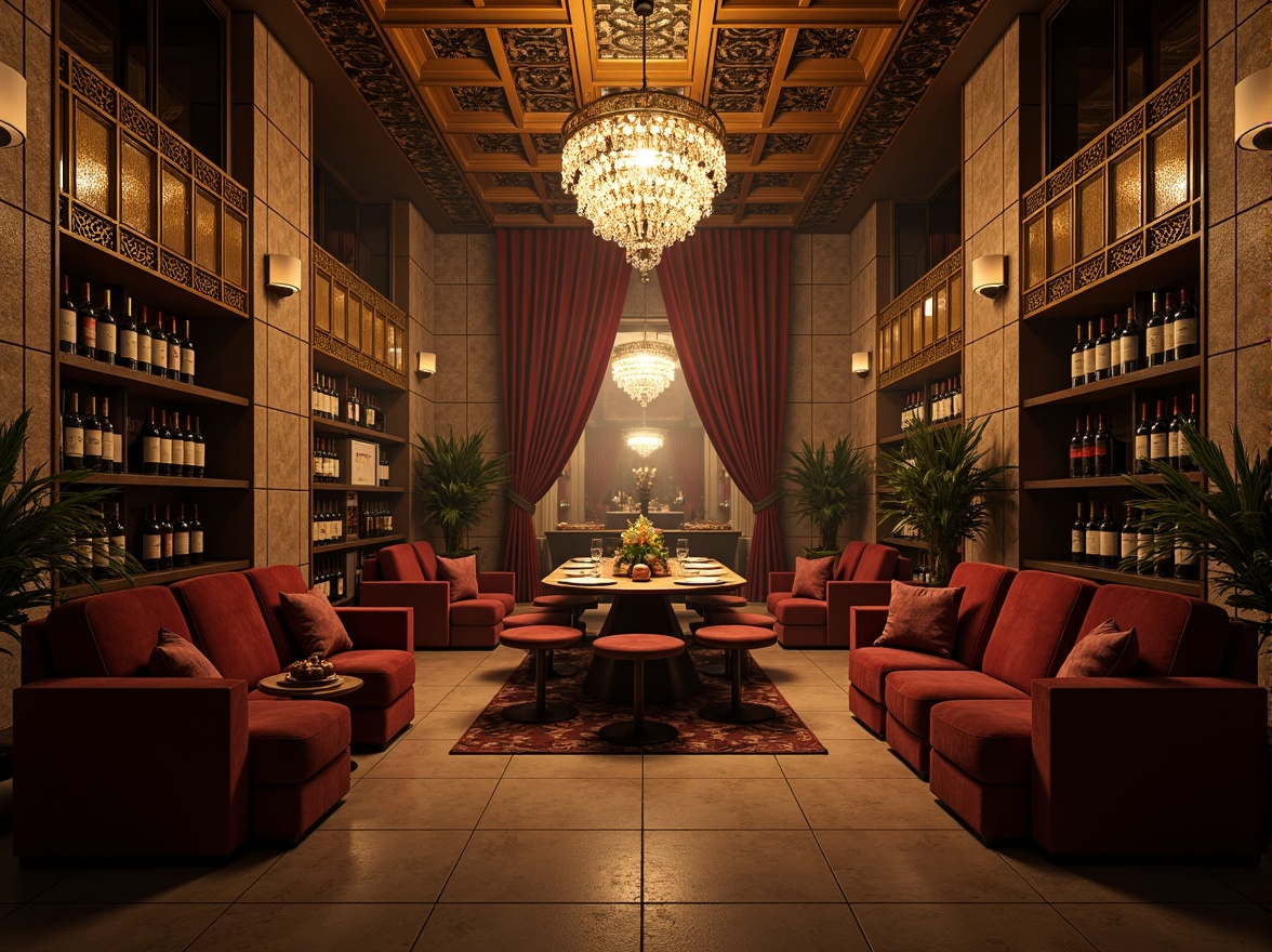 Prompt: Luxurious wine cellar, Art Deco style, ornate metalwork, textured walls, geometric patterns, golden accents, rich wood tones, velvet drapes, crystal chandeliers, dim warm lighting, atmospheric fog, shallow depth of field, 1/1 composition, realistic textures, ambient occlusion.