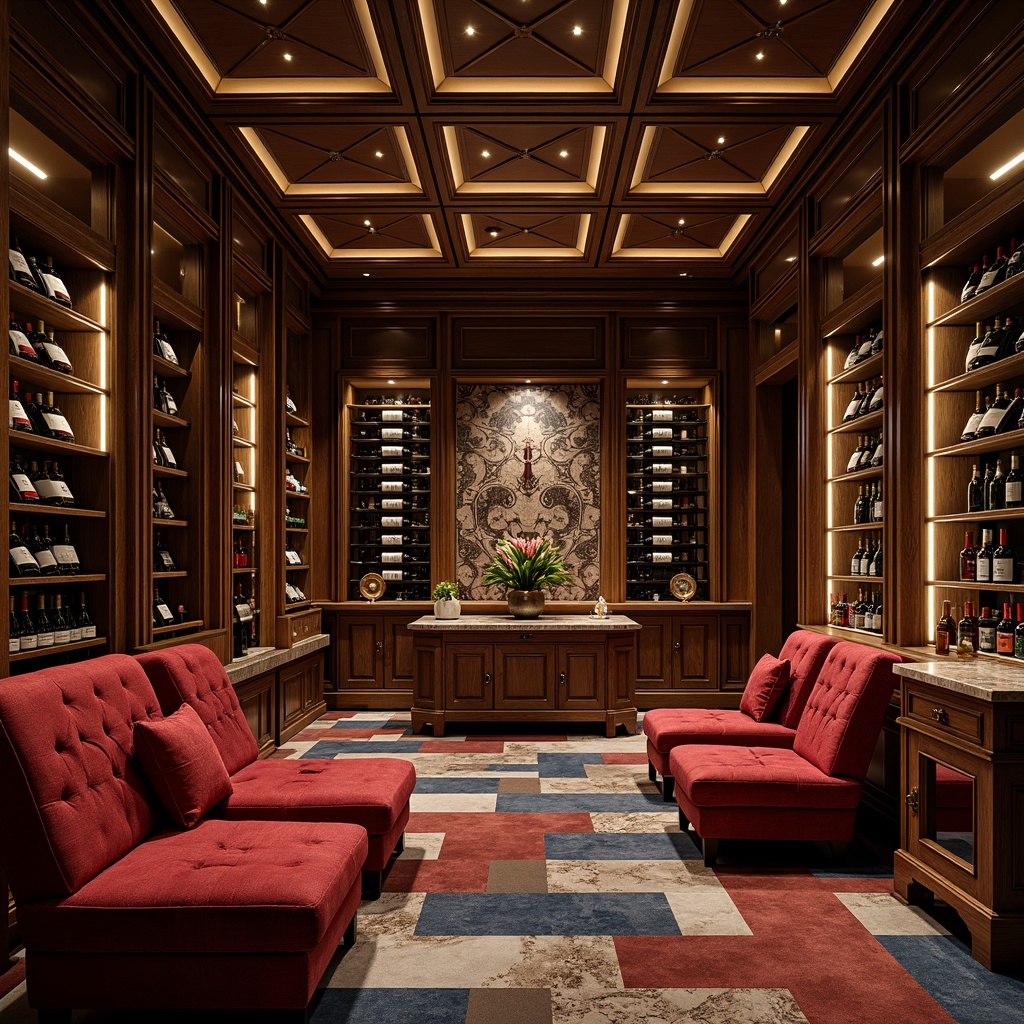 Prompt: Luxurious wine cellar, Art Deco style, rich wood tones, polished brass accents, velvety reds, deep blues, metallic silvers, geometric patterns, ornate details, lavish furnishings, dimmed warm lighting, intimate ambiance, refined elegance, sophisticated luxury.