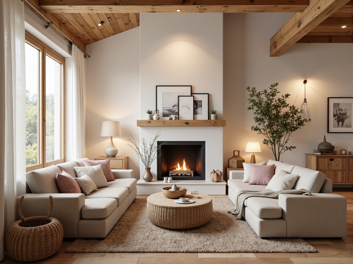 Prompt: Cozy Nordic living room, warm wooden accents, soft pastel colors, minimal ornamentation, natural textiles, woven baskets, candlelit ambiance, floor-to-ceiling windows, sheer white curtains, subtle morning light, gentle warm glow, softbox lighting, 1/2 composition, intimate atmosphere, realistic wood grain textures, ambient occlusion.