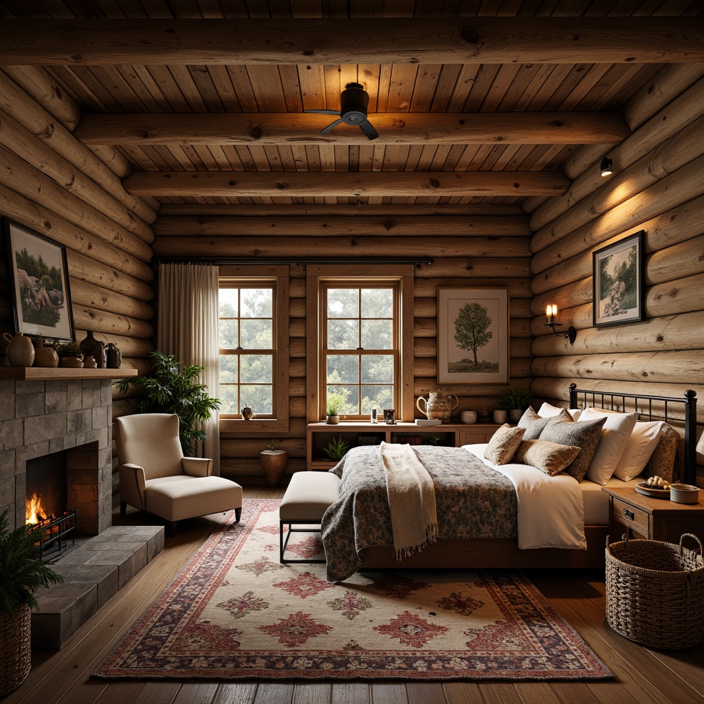 Prompt: Rustic bedroom, wooden log walls, earthy color palette, vintage furniture pieces, distressed wood finishes, plush area rugs, natural fiber textiles, woven baskets, reclaimed wood accents, soft warm lighting, cozy reading nook, comfortable upholstered armchair, rustic metal frames, antique decorative items, nature-inspired artwork, wooden ceiling beams, stone fireplace, crackling fire sounds, intimate atmosphere, shallow depth of field, 1/2 composition, realistic textures, ambient occlusion.