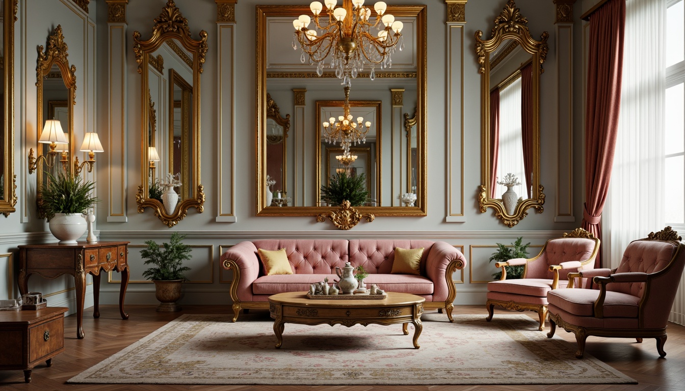 Prompt: Ornate mirrors, gilded frames, carved wooden furniture, velvet upholstery, luxurious drapery, intricate patterns, gold leaf accents, soft pastel colors, curved lines, ornamental decorations, lavish chandeliers, marble flooring, ornate vases, delicate porcelain, antique objects, rich textiles, opulent fabrics, warm candlelight, shallow depth of field, 1/1 composition, realistic reflections, ambient occlusion.