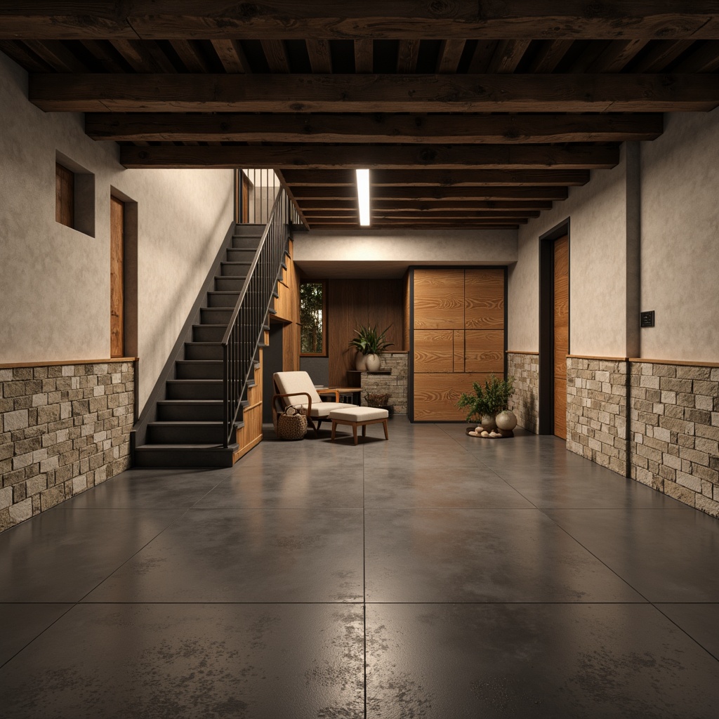 Prompt: Moisture-resistant basement floor, dark gray concrete foundation, warm beige walls, industrial-style metal beams, cozy ambient lighting, natural stone accents, wooden staircase, modern minimalist decor, epoxy-coated flooring, textured rubber tiles, water-repellent laminate panels, soft plush carpeting, realistic 3D textures, shallow depth of field, 1/1 composition, cinematic camera angle.