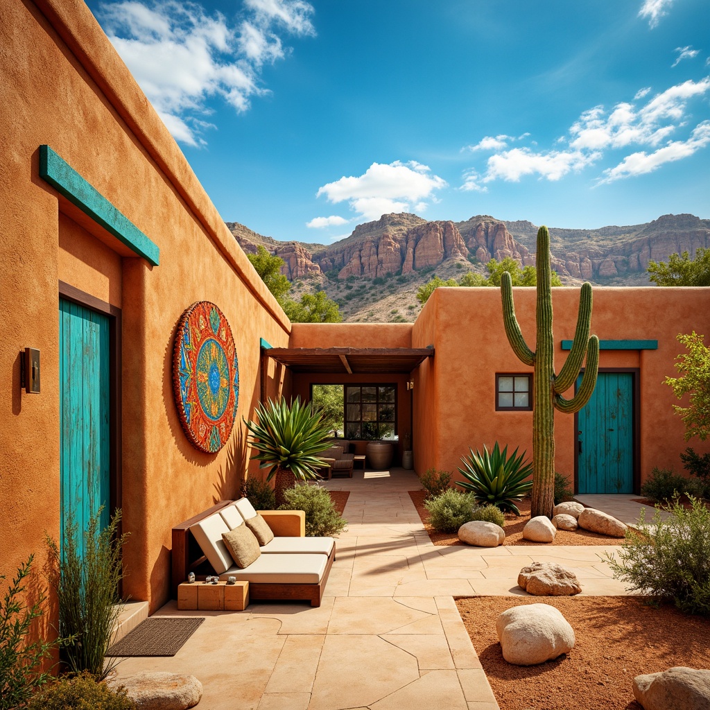 Prompt: Vibrant southwestern landscape, warm sandy dunes, majestic saguaro cacti, turquoise blue skies, rustic adobe architecture, earthy terracotta walls, vibrant colorful textiles, intricate Native American patterns, bold geometric motifs, warm beige sandstone, rich turquoise accents, soft sienna brown, weathered wooden doors, distressed leather furnishings, natural linen fabrics, warm golden lighting, shallow depth of field, 3/4 composition, panoramic view, realistic textures, ambient occlusion.