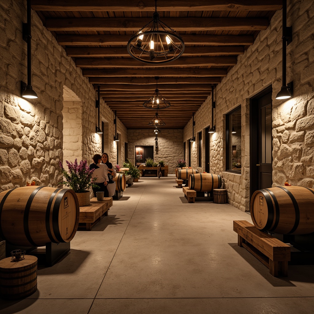 Prompt: Rustic winery, earthy tones, natural stone walls, wooden barrel accents, metal lanterns, reclaimed wood floors, minimal ornamentation, industrial chic lighting, exposed ductwork, polished concrete surfaces, wine cellar ambiance, dim warm lighting, shallow depth of field, 1/2 composition, realistic textures, ambient occlusion.