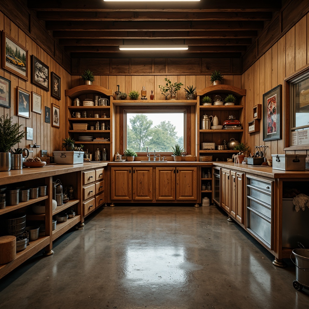 Prompt: Cozy garage interior, rustic wooden cabinets, metallic toolboxes, organized storage shelves, ergonomic workbenches, vintage car displays, industrial-style lighting, polished concrete floors, earthy color palette, natural textures, warm atmospheric lighting, shallow depth of field, 2/3 composition, realistic reflections, ambient occlusion.