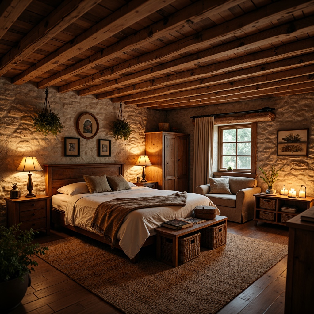 Prompt: Cozy rustic bedroom, wooden accents, earthy tones, vintage furniture, distressed finishes, natural textiles, woven baskets, candles, lanterns, soft warm glow, dimmable lighting, table lamps, floor lamps, string lights, pendant lights, exposed beams, wooden ceiling, stone walls, plush area rugs, comfortable reading nook, relaxing ambiance, warm color palette, earthy scents, calming atmosphere, serene mood, 1/2 composition, soft focus, warm color grading.