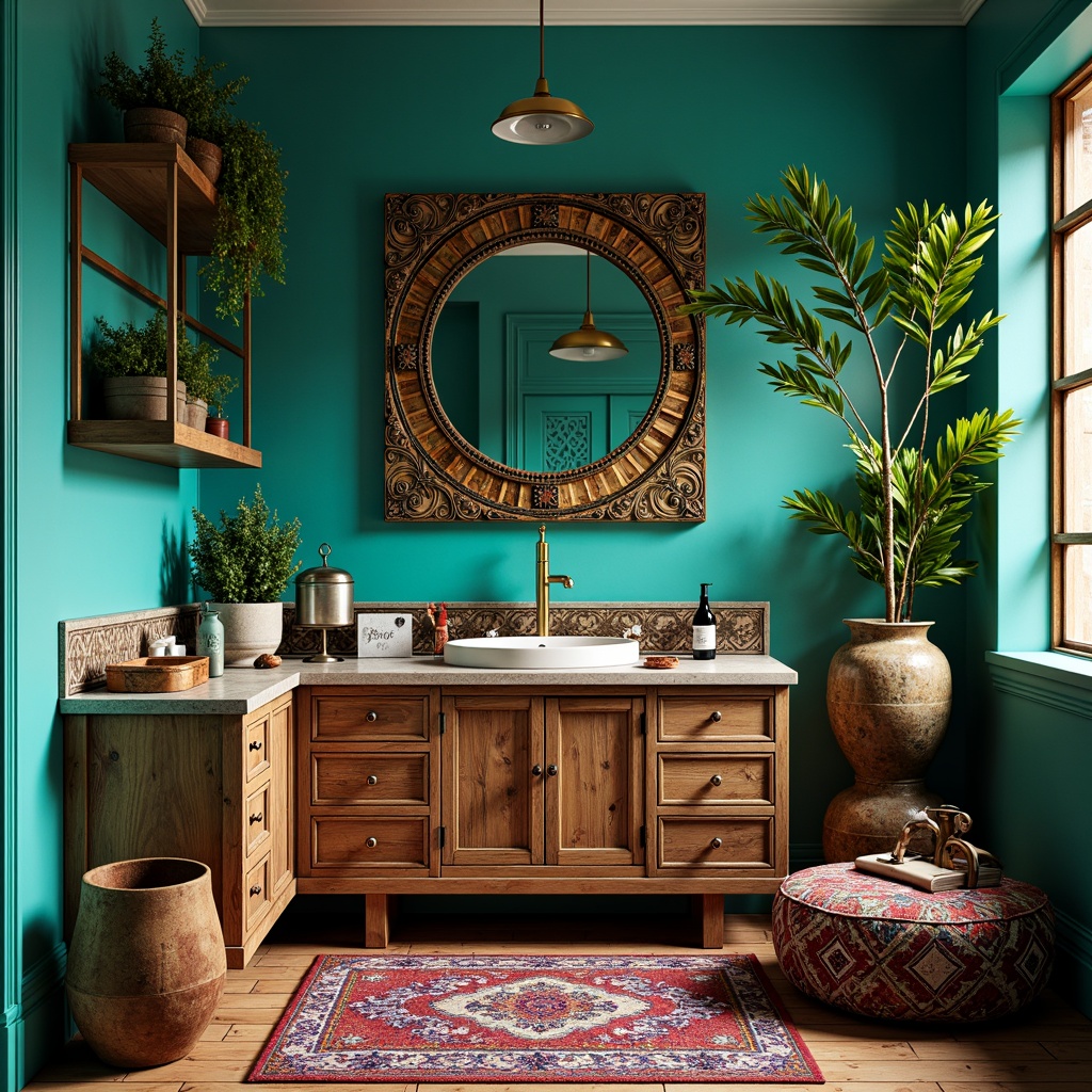 Prompt: Vibrant eclectic bathroom, rich turquoise walls, ornate golden fixtures, bold patterned tiles, distressed wooden cabinets, antique bronze faucets, colorful Moroccan-inspired textiles, lush greenery, natural stone countertops, industrial metal shelving, reclaimed wood accents, soft warm lighting, 1/1 composition, shallow depth of field, realistic textures, ambient occlusion.