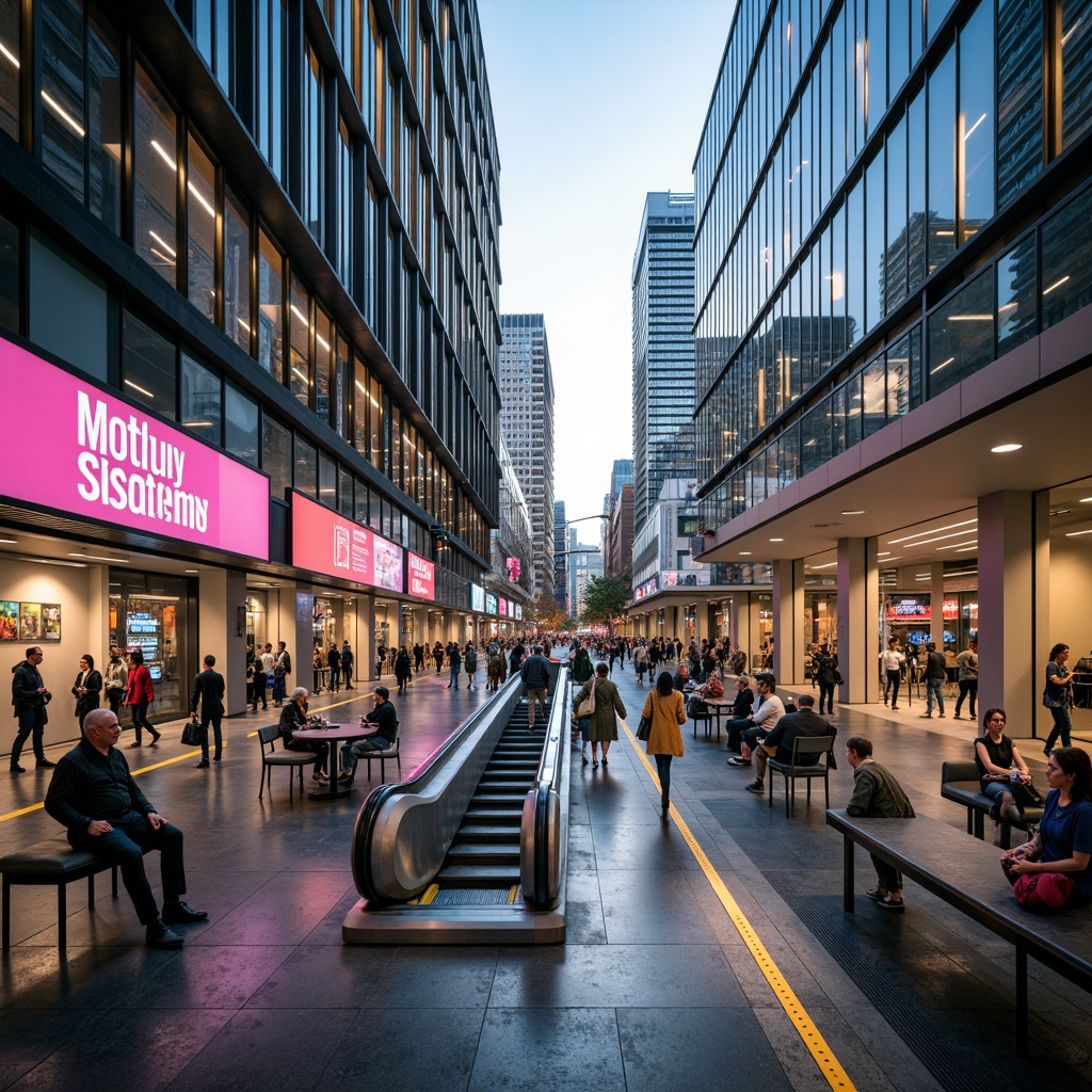 Prompt: Vibrant metro station, modern architecture, stainless steel beams, sleek glass walls, urban cityscape, rush hour atmosphere, strategic color accents, bold typography, dynamic lighting, escalator systems, granite flooring, metallic textures, contemporary furniture, information displays, pedestrian traffic flow, morning commute, soft warm glow, shallow depth of field, 1/2 composition, realistic reflections.