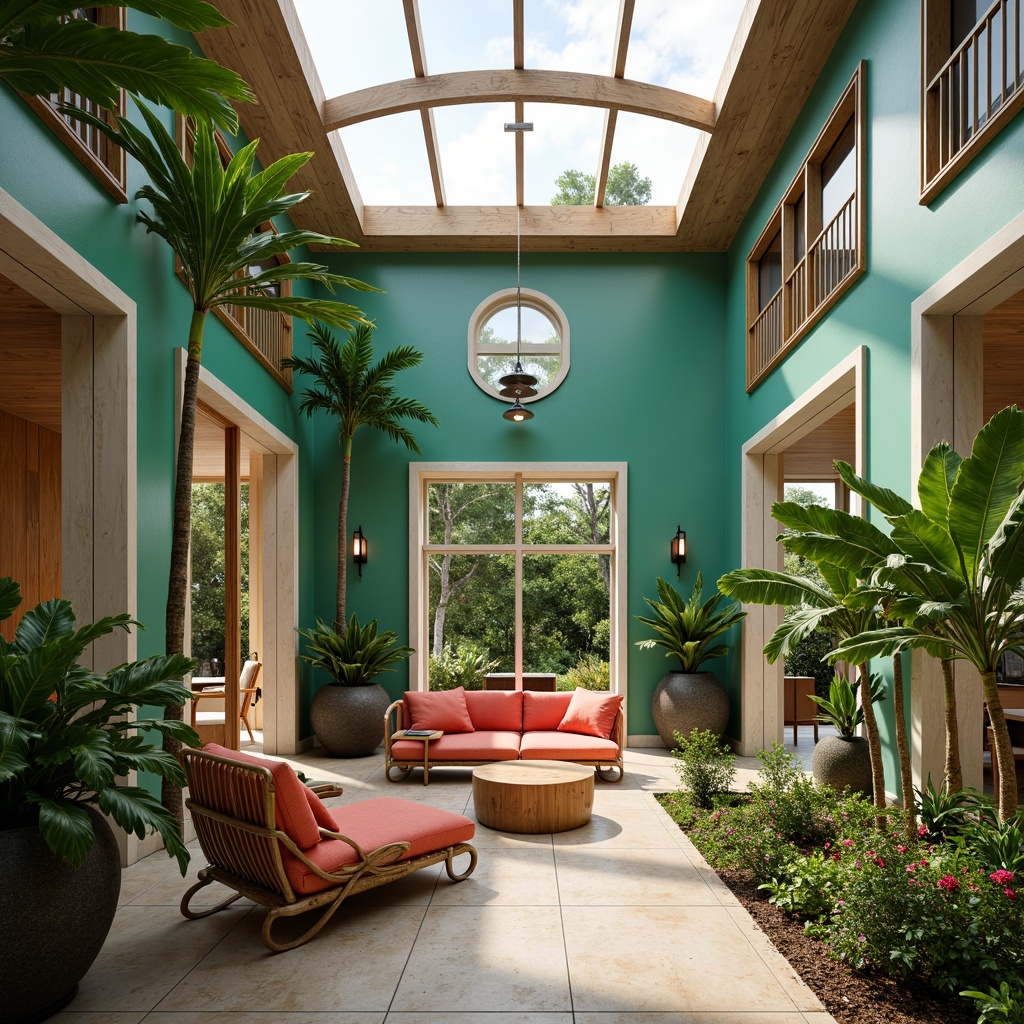 Prompt: Tropical office setting, lush green walls, natural rattan furniture, woven bamboo textures, large windows, sliding glass doors, clerestory windows, skylights, high ceilings, white stucco walls, wooden accents, vibrant tropical plants, palm trees, bright coral colors, turquoise hues, soft warm lighting, shallow depth of field, 1/2 composition, panoramic view, realistic reflections, ambient occlusion.