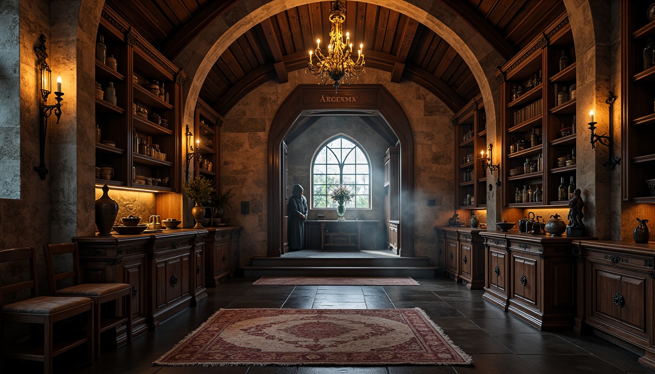 Prompt: Dark academia-inspired pantry, ornate gothic arches, rich wooden shelving units, distressed finishes, vintage hardware, warm ambient lighting, rustic stone walls, mysterious ambiance, luxurious textiles, intricate carvings, grand chandeliers, dramatic shadows, 1/2 composition, low-key lighting, realistic wood grain textures, atmospheric mist.