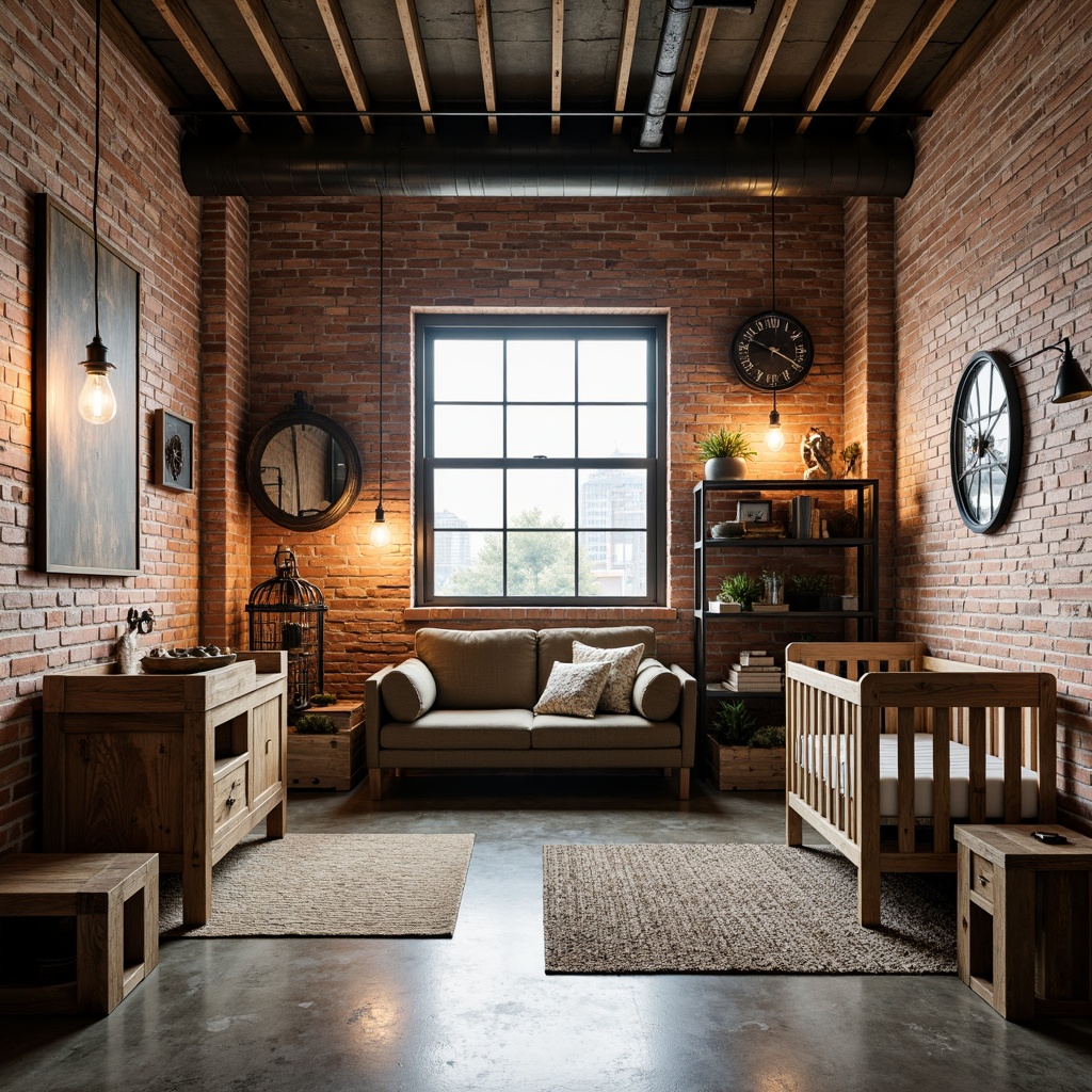 Prompt: Exposed brick walls, reclaimed wood accents, metal beams, industrial-style lighting fixtures, vintage factory windows, distressed wooden cribs, rustic metal changing tables, antique machinery parts, Edison bulb lamps, urban loft atmosphere, neutral color palette, textured rugs, minimalist decor, functional shelving units, wrought iron decorative pieces, industrial-chic wall art, eclectic mix of patterns and textures, warm softbox lighting, shallow depth of field, 1/1 composition, realistic materials, ambient occlusion.