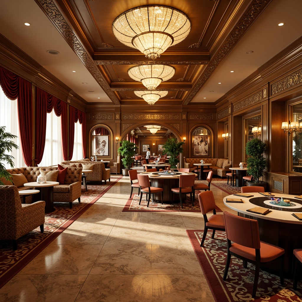 Prompt: Luxurious casino interior, rich wood paneling, ornate moldings, velvet drapes, crystal chandeliers, marble flooring, intricate patterns, warm golden lighting, plush carpets, tufted upholstery, metallic accents, classic columns, ornamental ceilings, subtle textures, realistic reflections, dramatic archways, opulent furnishings, lavish decor, warm beige tones, soft cream hues.