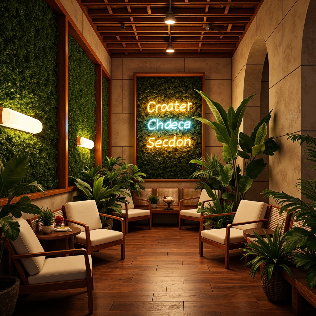 Prompt: Vibrant tropical cinema, lush green walls, exotic floral arrangements, warm golden lighting, softbox lights, LED strips, colorful neon signs, rustic wooden accents, natural textiles, woven rattan furniture, plush velvet seats, ornate metal details, warm beige stonework, curved architectural lines, high ceilings, dramatic spotlights, diffused ambient glow, shallow depth of field, 1/2 composition, cinematic camera angles, realistic renderings, subtle lens flares.