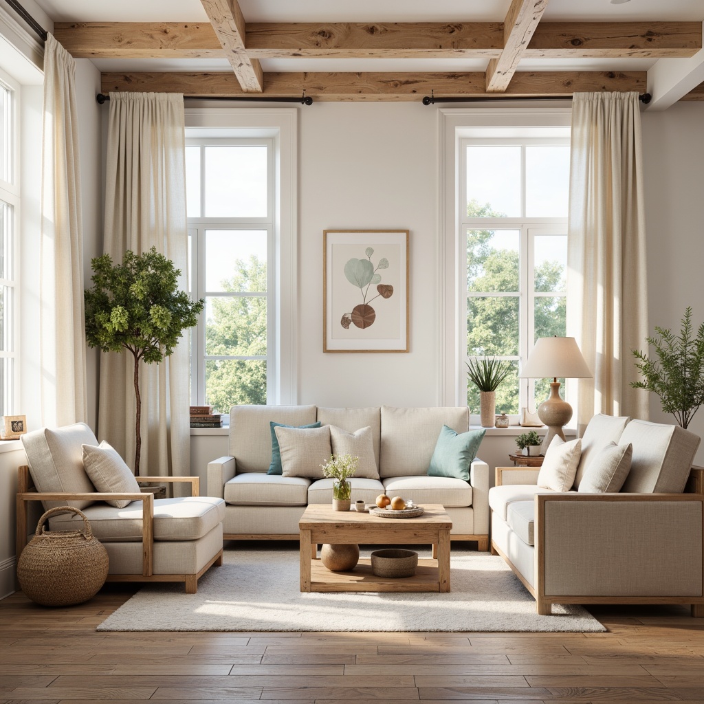 Prompt: Cozy living room, warm wooden accents, soft pastel colors, minimal ornamentation, natural textiles, woven baskets, rustic wooden floors, Nordic-inspired furniture, simple geometric shapes, creamy whites, pale blues, warm beige tones, large windows, diffused softbox lighting, table lamps, floor lamps, warm white LED lights, subtle shadows, 1/2 composition, shallow depth of field, realistic textures, ambient occlusion.