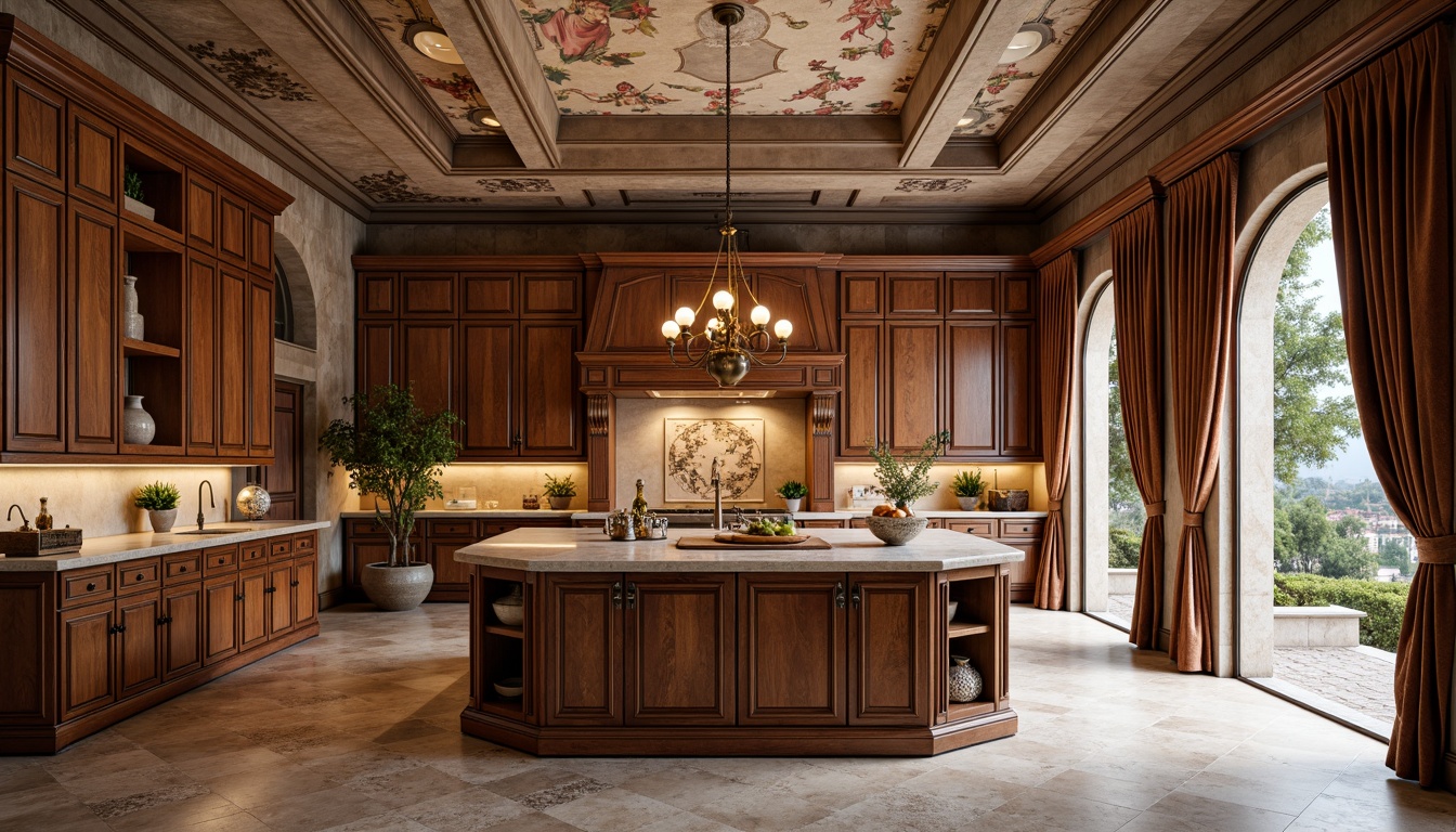 Prompt: Elegant kitchen island, ornate wooden cabinetry, rich marble countertops, antique bronze hardware, refined ceramic tiles, warm LED lighting, luxurious velvet drapes, rustic stone walls, decorative fresco ceilings, classic Italian-inspired design, symmetrical composition, soft focus blur, warm color palette, inviting atmosphere.