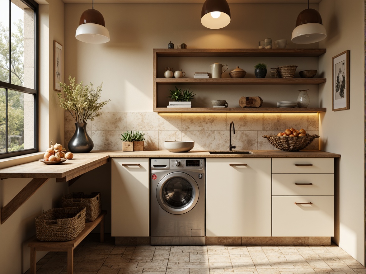 Prompt: Cozy laundry room, warm beige walls, soft cream cabinets, rustic wooden shelves, modern stainless steel appliances, pendant lighting fixtures, frosted glass shades, warm white LED strips, natural stone flooring, woven basket storage, earthy tone accents, calming ambient glow, shallow depth of field, 1/2 composition, realistic textures, subtle shadows.