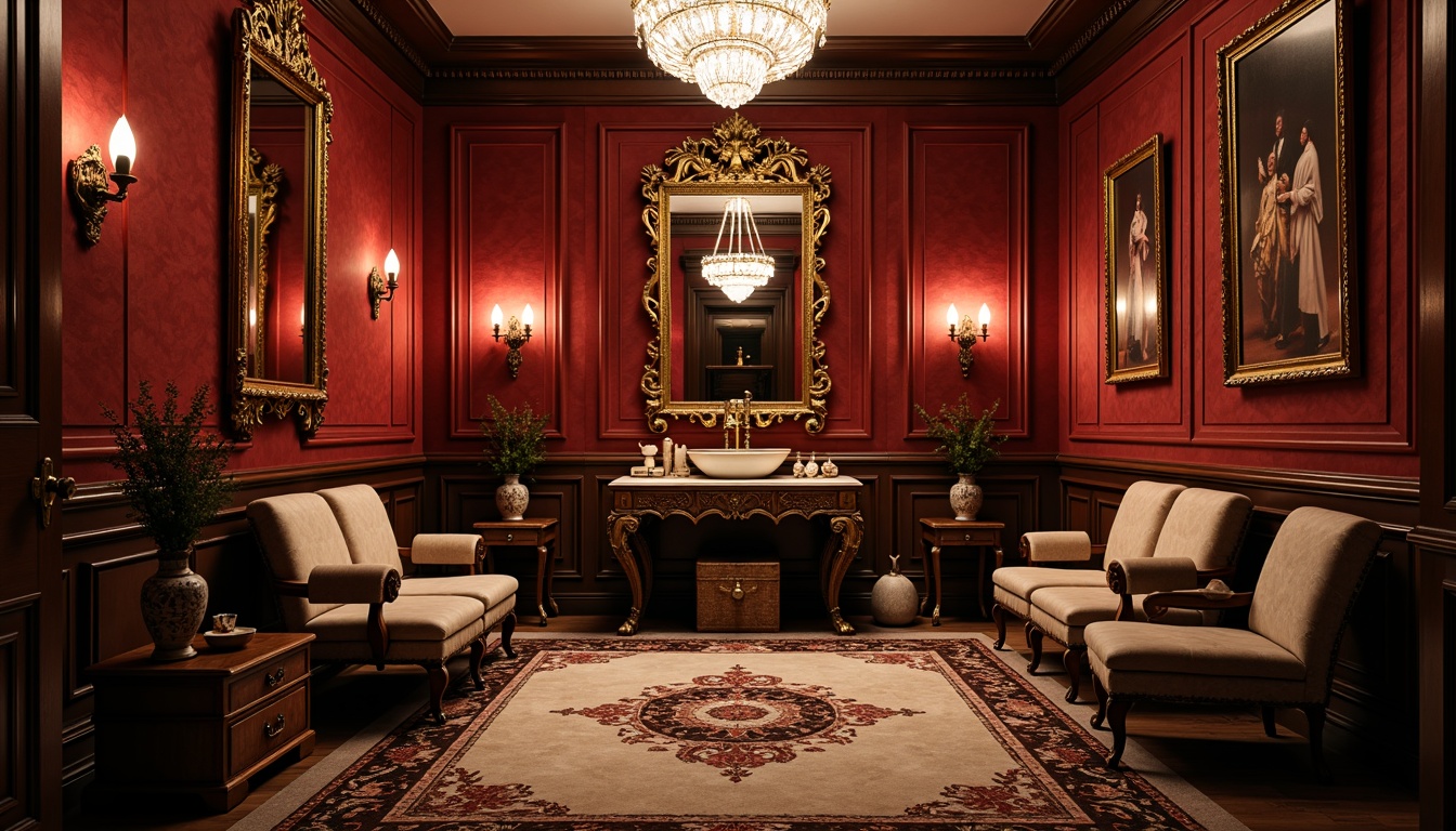 Prompt: Richly ornamented powder room, soft warm lighting, velvety dark red walls, golden accents, intricate carvings, ornate mirrors, lavish furnishings, luxurious fabrics, subtle sheen, antique furniture, distressed finishes, elegant chandeliers, delicate porcelain vases, floral patterns, ornamental rugs, opulent textures, mysterious ambiance, 1/1 composition, shallow depth of field, soft focus.