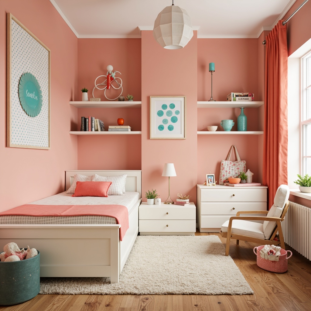 Prompt: Vibrant kids' bedroom, playful color scheme, pastel hues, soft peach walls, creamy white furniture, bright coral accents, turquoise decorative accessories, fun polka dot patterns, whimsical wall art, cozy reading nook, plush area rug, natural wood flooring, modern minimalistic decor, warm task lighting, shallow depth of field, 1/1 composition, realistic textures, ambient occlusion.