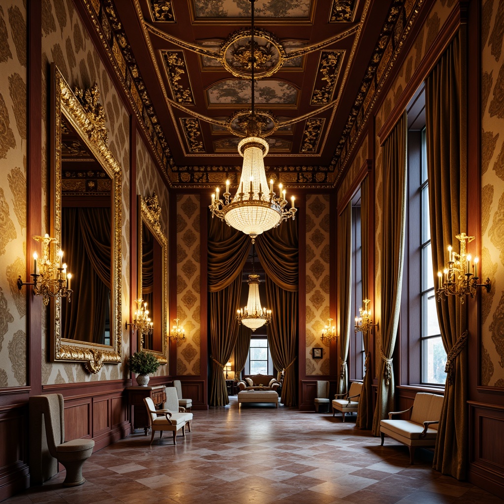 Prompt: Intricate mirror frames, gilded carvings, ornate chandeliers, lavish candelabras, velvet drapes, rich tapestries, marble floors, inlaid wooden panels, Rococo-inspired furniture, golden accents, crystal drops, soft warm lighting, shallow depth of field, 1/1 composition, intimate atmosphere, luxurious textures, subtle color palette, delicate patterns.