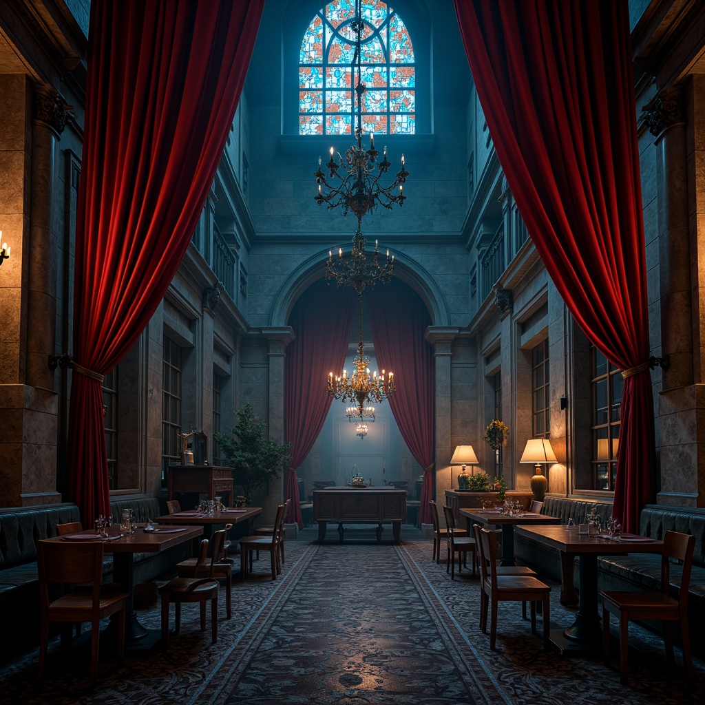 Prompt: Dark mysterious atmosphere, rich velvet drapes, ornate stone carvings, grandiose chandeliers, lavish wooden furnishings, crimson red accents, midnight blue hues, eerie candlelight, dramatic shadows, intricate Gothic arches, ornamental metalwork, weathered stonewalls, mystical ambiance, foggy misty effects, 1/2 composition, warm golden lighting, subtle grain texture, atmospheric perspective.