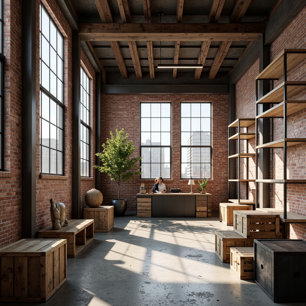 Prompt: Exposed brick walls, concrete floors, industrial steel beams, high ceilings, massive windows, natural light pouring in, rustic wooden crates, metal shelving units, reclaimed wood accents, urban loft atmosphere, distressed finishes, minimalist decor, functional simplicity, warm afternoon sunlight, soft shadows, shallow depth of field, 1/1 composition, realistic textures, ambient occlusion.