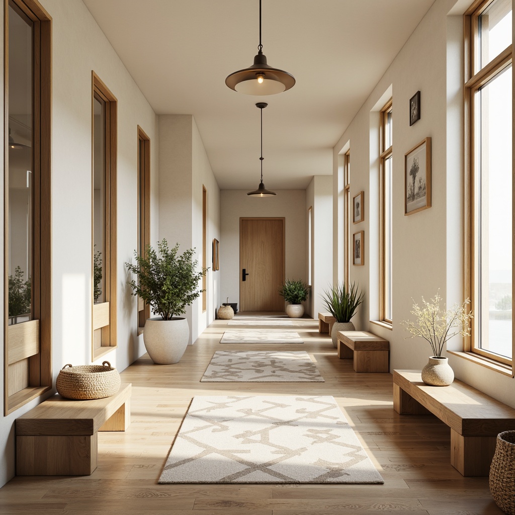 Prompt: Minimalist Scandinavian hallway, light-wooden flooring, cream-colored walls, floor-to-ceiling windows, natural textiles, woven baskets, sleek wooden benches, geometric-patterned rugs, industrial metal lighting fixtures, suspended planters, Nordic-inspired decorative accents, warm beige tones, cozy ambient lighting, shallow depth of field, 2/3 composition, realistic textures, subtle shadows.