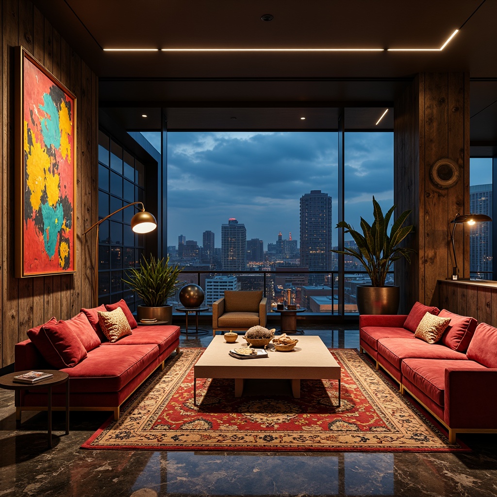 Prompt: Vibrant eclectic penthouse, rich velvet fabrics, bold abstract artwork, eclectic furniture mix, luxurious marble floors, metallic accents, reclaimed wood walls, industrial chic decor, moody dark tones, pops of bright coral, turquoise, and yellow, oversized windows, stunning cityscape views, dramatic nighttime lighting, warm cozy ambiance, soft focus photography, 1/2 composition, atmospheric fog, detailed textures.