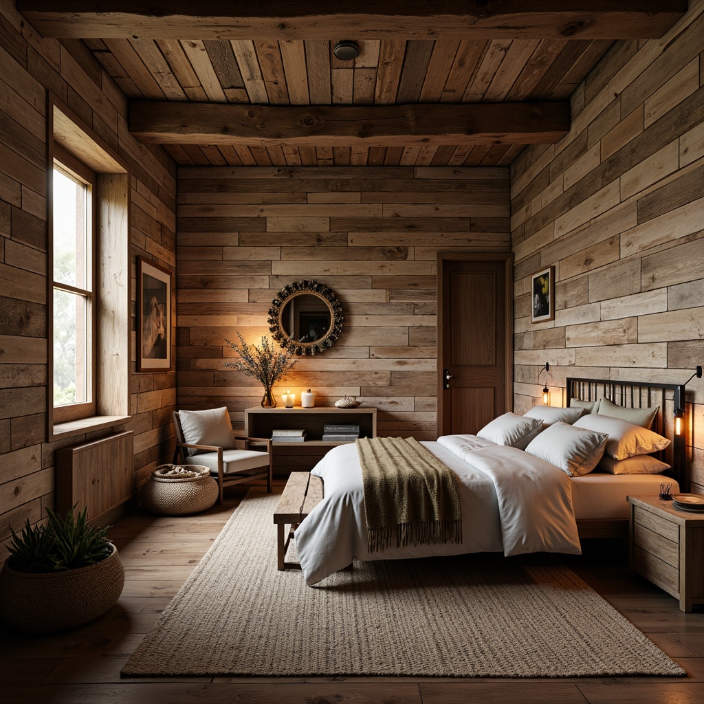 Prompt: Rustic bedroom, reclaimed wood walls, distressed wooden planks, earthy tones, natural stone accents, rough-hewn wooden beams, vintage metal fixtures, warm candlelight, cozy atmosphere, plush area rugs, woven baskets, natural fiber textiles, linen bedding, weathered wooden furniture, antique decorative items, soft warm lighting, shallow depth of field, 1/1 composition, realistic textures, ambient occlusion.