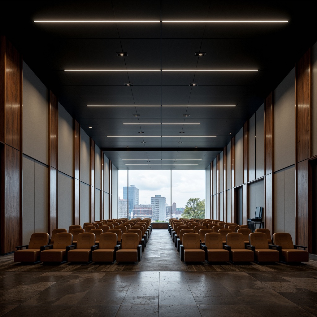 Prompt: Streamlined modern auditorium, sleek wall finishes, acoustic panels, sound-absorbing materials, minimalist design, neutral color palette, matte black walls, polished wooden accents, metallic trim details, recessed lighting, floor-to-ceiling windows, urban cityscape views, cloudy day, soft natural light, shallow depth of field, 1/2 composition, symmetrical framing, realistic textures, ambient occlusion.