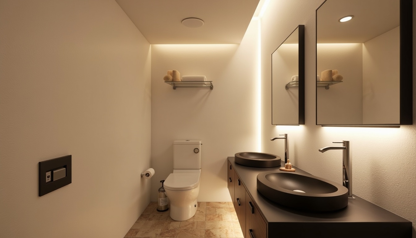 Prompt: Minimalist powder room, soft warm glow, LED strip lights, hidden lighting fixtures, matte white walls, sleek black countertops, polished chrome faucets, minimalist mirrors, subtle texture, natural stone flooring, ambient indirect lighting, 1/1 composition, shallow depth of field, warm color temperature, soft shadows, realistic reflections.