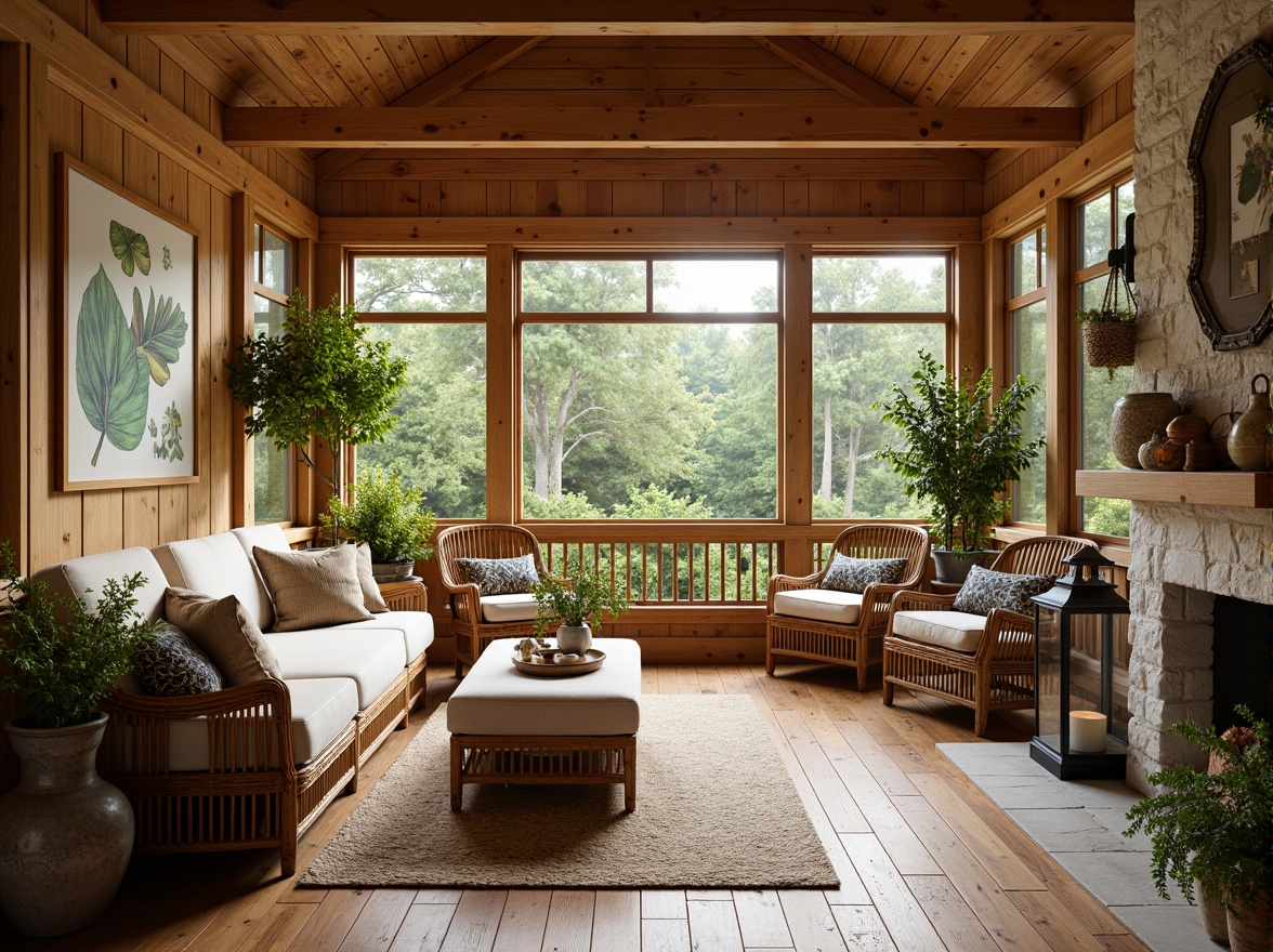 Prompt: Cozy sunroom, wooden accents, natural wood tones, craftsman style, exposed beams, rustic wooden furniture, woven wicker chairs, plush cushions, earthy color palette, warm lighting, soft afternoon sunlight, lush greenery views, botanical prints, vintage metal lanterns, distressed wood flooring, stone fireplace, natural textiles, organic shapes, cozy reading nook, comfortable seating area, inviting atmosphere.