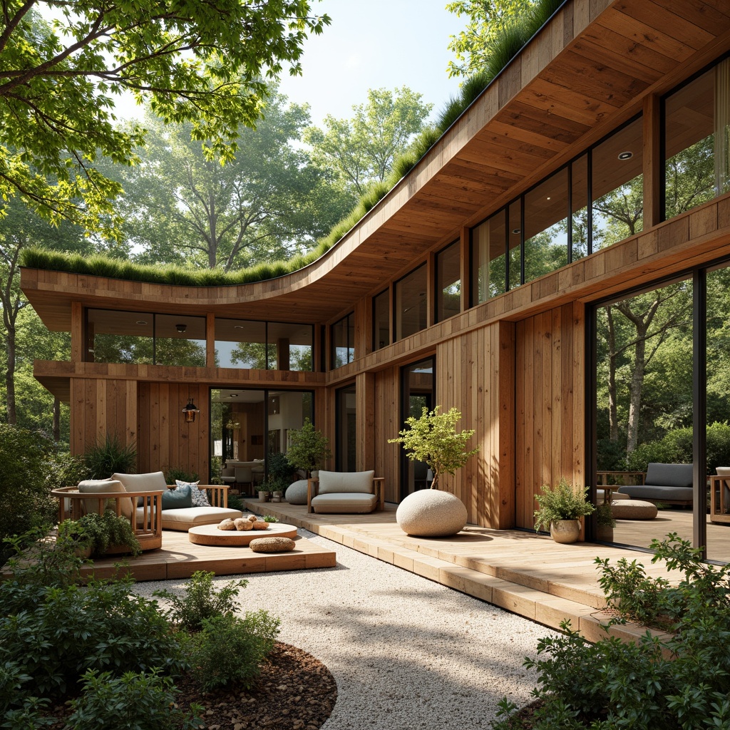 Prompt: Eco-friendly abode, reclaimed wood accents, natural stone walls, bamboo flooring, living green roofs, organic curves, earthy color palette, sustainable materials, energy-efficient systems, minimal ornamentation, abundant natural light, soft warm ambiance, 1/1 composition, shallow depth of field, realistic textures, ambient occlusion.