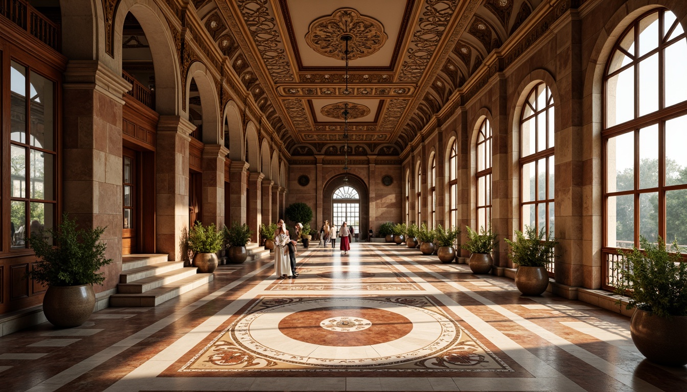 Prompt: Opulent Renaissance-style palace, intricately patterned marble floors, lavish inlays, ornate borders, polished wood panels, richly toned walnut planks, decorative terracotta tiles, ornamental metalwork, grand high ceilings, sweeping archways, majestic stone columns, warm golden lighting, soft focus, atmospheric depth of field, 1/2 composition, realistic reflections.