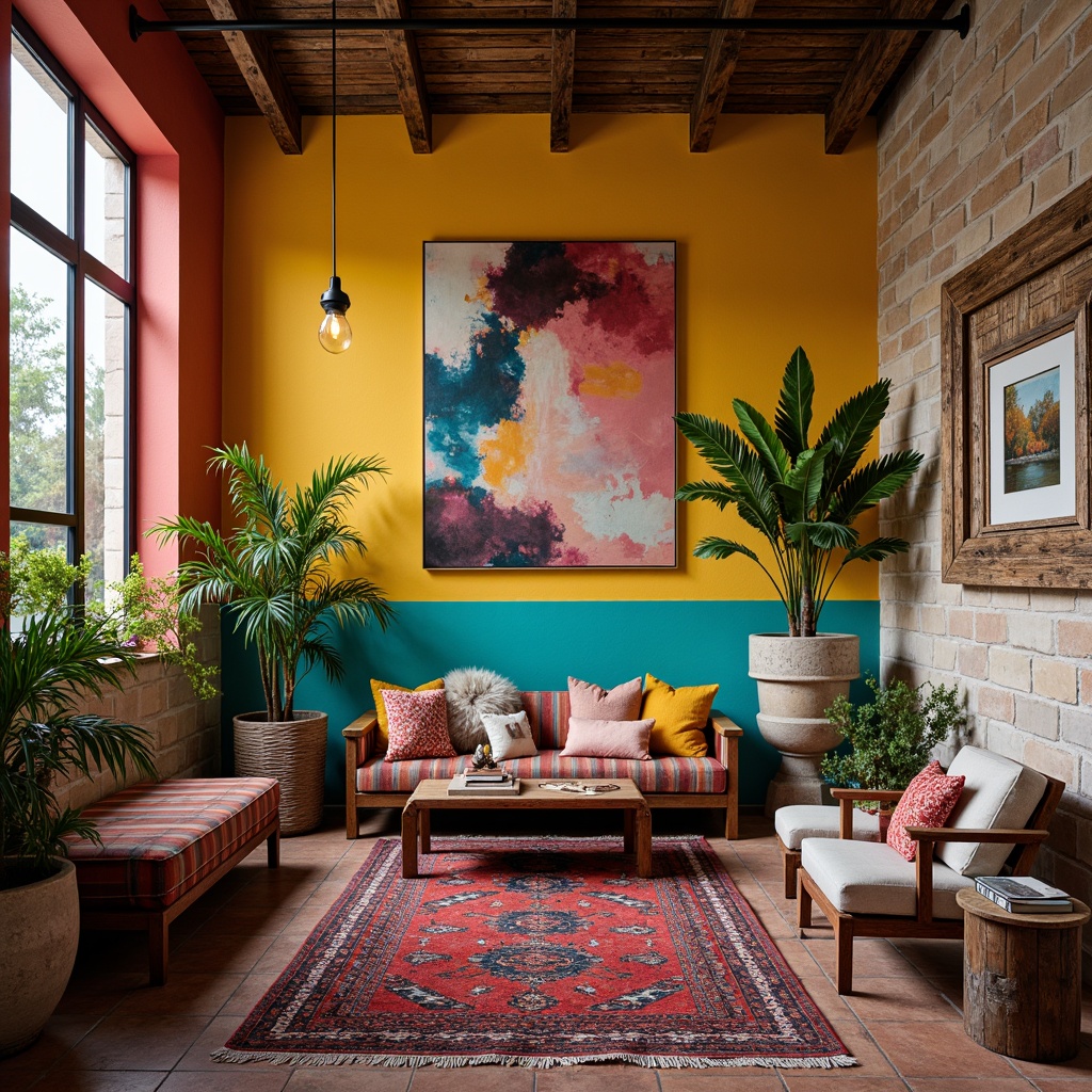 Prompt: Vibrant eclectic interior, rich bohemian colors, bold turquoise accents, warm golden yellows, deep crimson reds, soft blush pinks, distressed wood textures, vintage furniture pieces, global-inspired patterns, Moroccan tiles, colorful kilim rugs, lush greenery, natural stone walls, industrial metal accents, reclaimed wood beams, abstract art pieces, eclectic decorative accessories, cozy atmospheric lighting, shallow depth of field, 1/1 composition, warm soft focus.