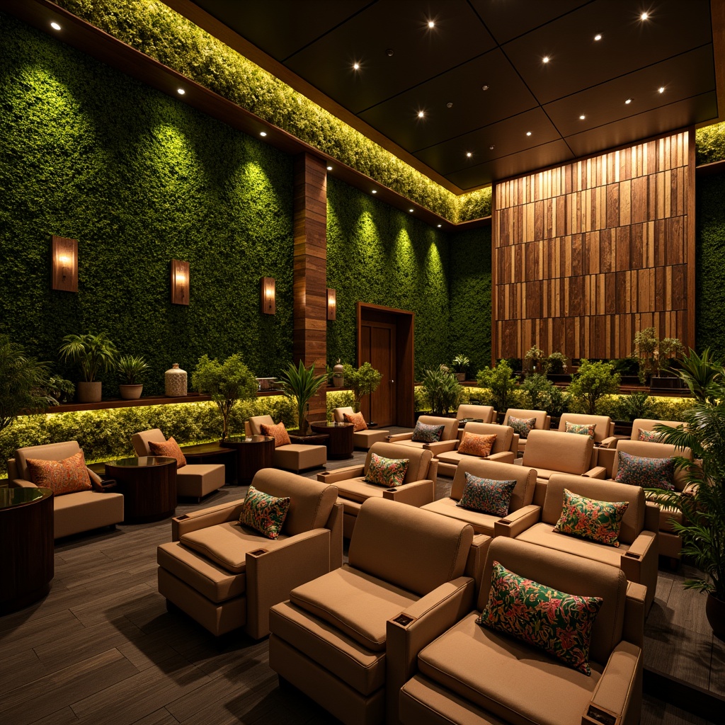 Prompt: Tropical cinema interior, lush green walls, reclaimed wood accents, comfortable plush seating, ergonomic chair design, soft cushioning, adjustable armrests, ample legroom, curved row arrangement, staggered seating, optimal viewing angles, warm ambient lighting, soft golden glow, natural fiber upholstery, woven rattan details, exotic plant decorations, colorful tribal patterns, vibrant textile accents, relaxed atmosphere, intimate setting, immersive cinematic experience.