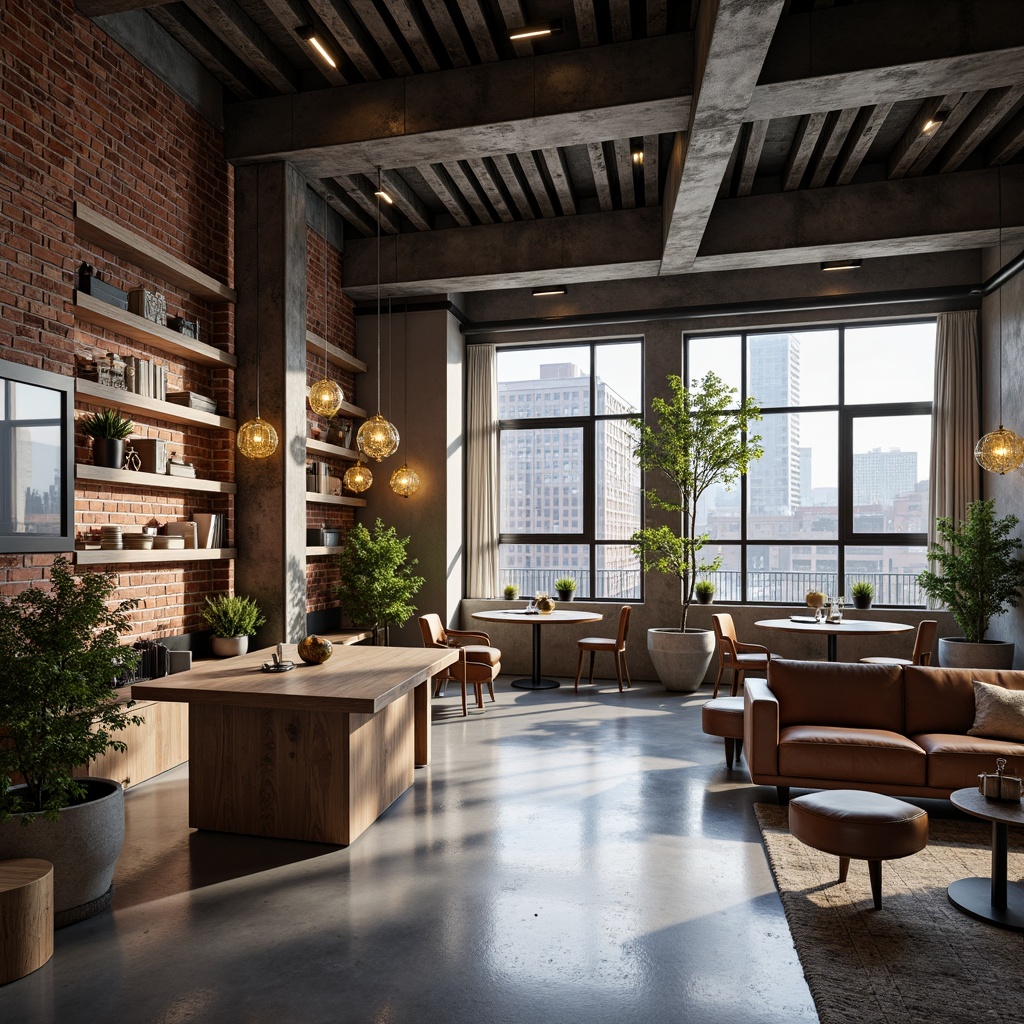 Prompt: Industrial chic loft, exposed brick walls, polished concrete floors, high ceilings, metal beams, modern minimalist decor, sleek glass accents, transparent shelves, geometric chandeliers, urban cityscape views, soft natural light, warm cozy atmosphere, 1/1 composition, shallow depth of field, realistic reflections.