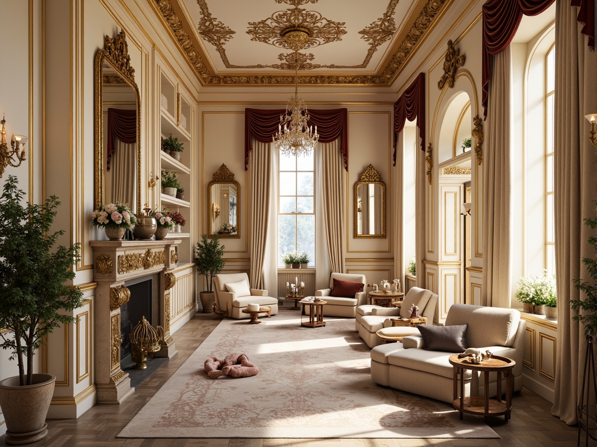 Prompt: Luxurious loft interior, ornate rococo detailing, gilded accents, intricately carved wood paneling, soft creamy hues, delicate florals, velvet drapes, crystal chandeliers, grandiose mirrors, curved lines, ornamental plasterwork, luxurious fabrics, rich textures, warm golden lighting, shallow depth of field, 1/1 composition, romantic ambiance, exquisite craftsmanship, elegant furnishings.