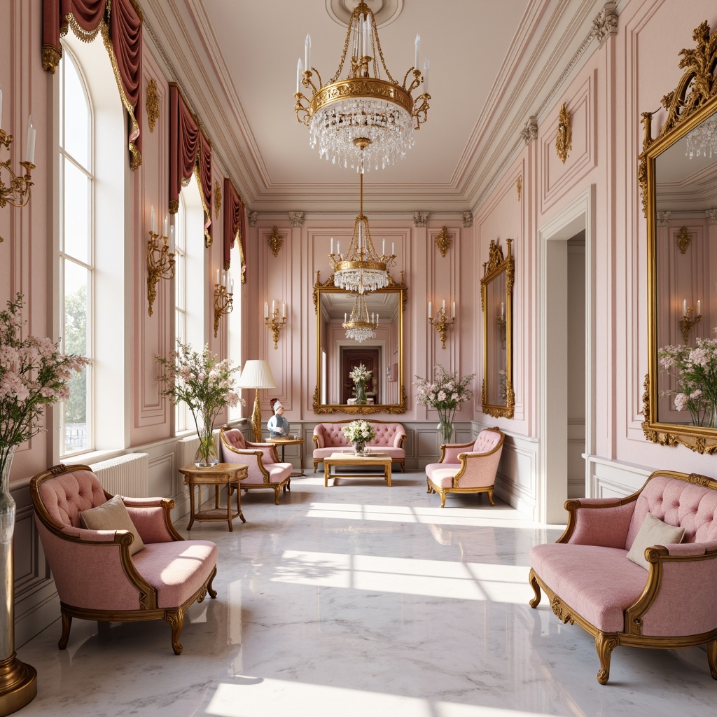 Prompt: \Rococo-style luxurious interior, soft pastel hues, pale pink walls, gold leaf accents, ornate mirrors, crystal chandeliers, velvet furnishings, intricate carvings, white marble floors, subtle wood tones, delicate florals, whimsical patterns, French Renaissance inspiration, lavish decorations, warm candlelight, shallow depth of field, 1/1 composition, soft focus effect.\Let me know if you need any adjustments or if this meets your requirements!