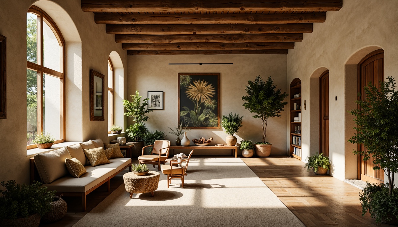 Prompt: Earthy tones, natural materials, organic shapes, rustic textures, warm beige walls, reclaimed wood accents, earthy brown furniture, greenery surroundings, lush plants, natural stone flooring, wooden beam ceilings, cozy reading nooks, soft warm lighting, shallow depth of field, 3/4 composition, realistic textures, ambient occlusion.